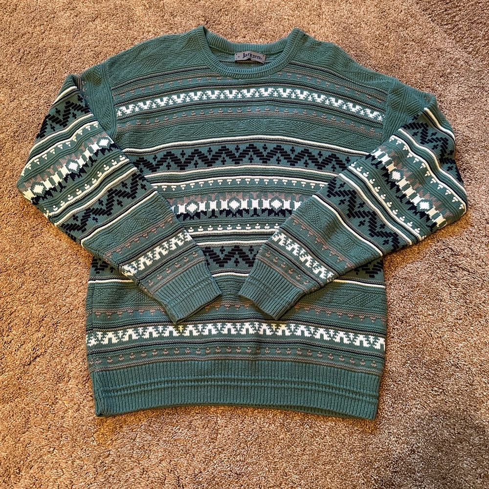 Y2K Green and blue Jantzen sweater with a retro vibe #retroknitwear #vintage